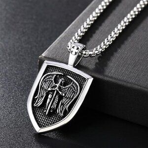 Archangel St Michael Necklace, Shield Pendant Stainless Steel Catholic Saint